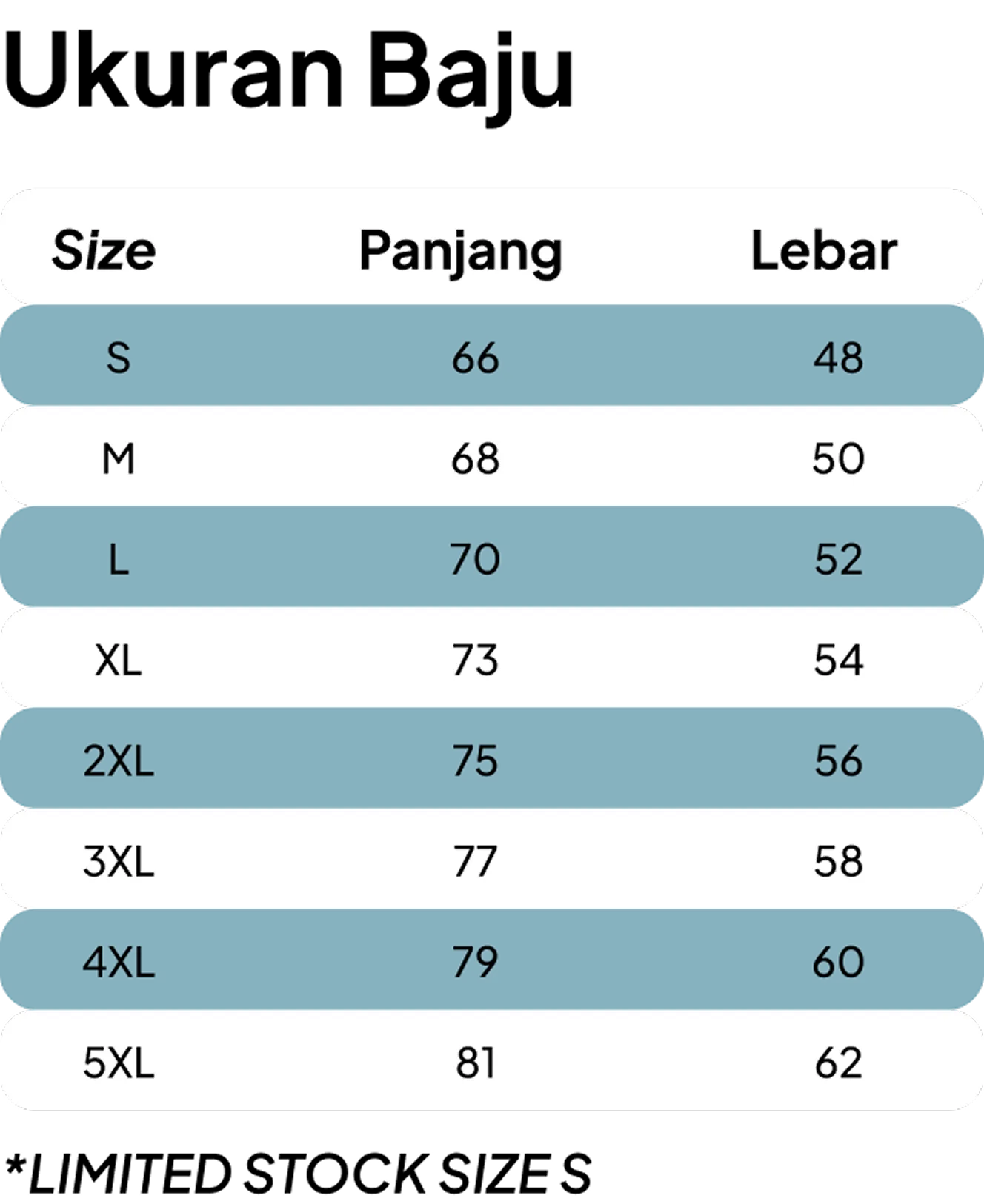 Size, width, and height; S, 66, 48; M, 68, 50; L, 70, 52; XL, 73, 54; 2XL, 75, 56; 3XL, 77, 58; 4XL, 79, 60; 5XL, 81, 62